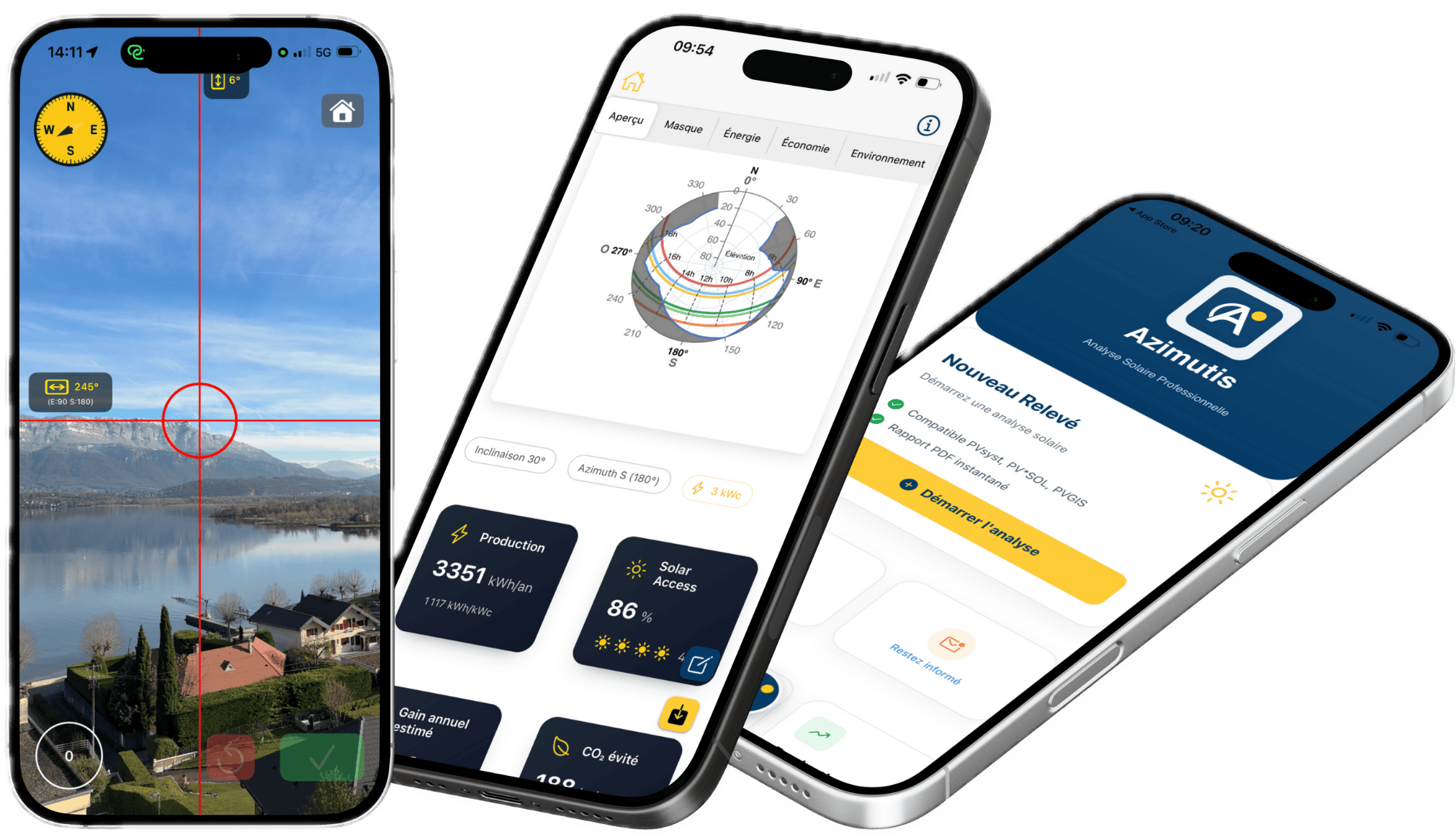 Captures de l'application Azimutis : relevé terrain, analyses solaires et écran d'accueil